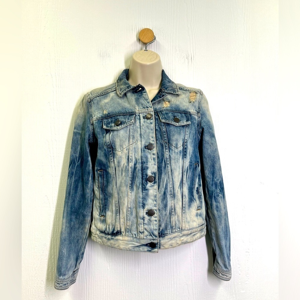 Express - Distressed Button Up Stonewashed Long Sleeve Jean Jacket Size XS